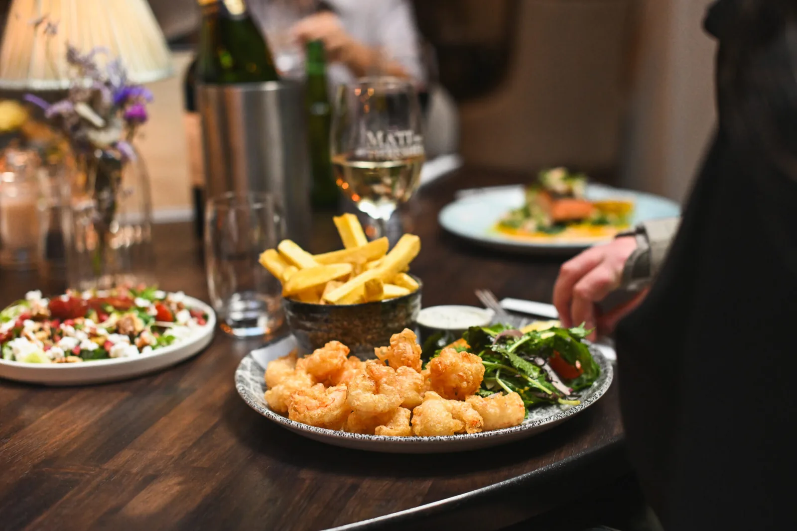 Seafood, chips and wine served at Matt the Thresher Julianstown